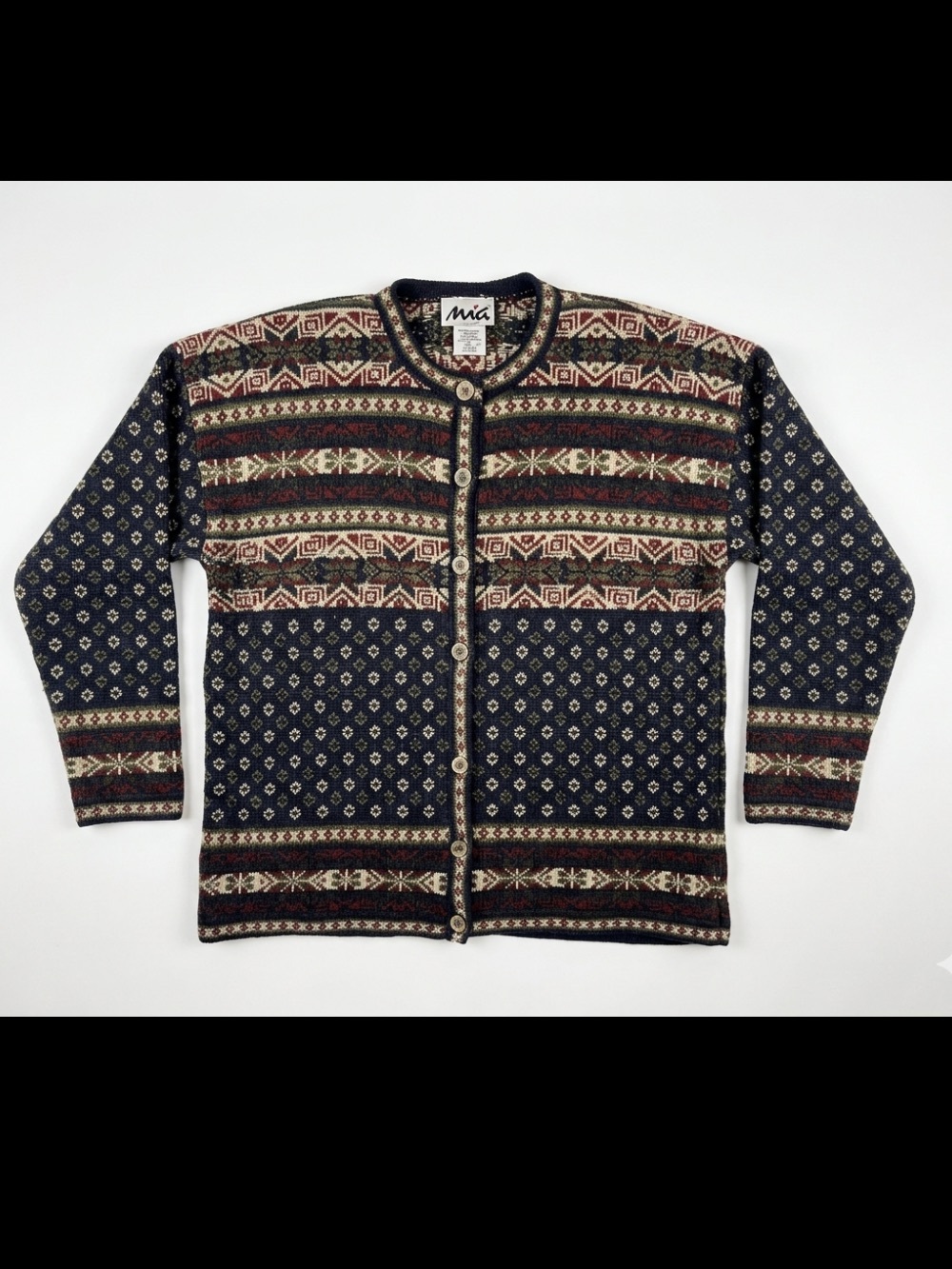 Mia Vintage Wool and Acrylic size M Navy Fair Isle Button Cardigan Sweater